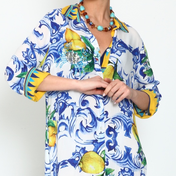 NWT Floral Lemon Pattern Viscose Button Down Silk Maxi Summer Dress Women - Picture 1 of 7